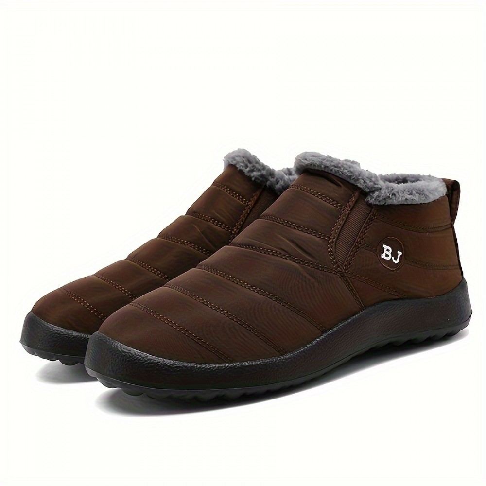 Men's Solid Snow Boots, Warm Fleece Cozy Non-slip Ankle Boots Plush Comfy Outdoor Hiking Shoes Lined Trekking Shoes, Winter